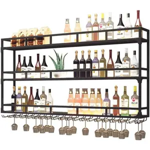 Large Heavy Duty 59in Wine Rack with LED Wall Mounted Bottle Glass Holder Under Shelf, 3-Tiers Liquor Floating Shelves Display Storage Organizer Hanging Long Stemware Goblet Metal for Home Bar