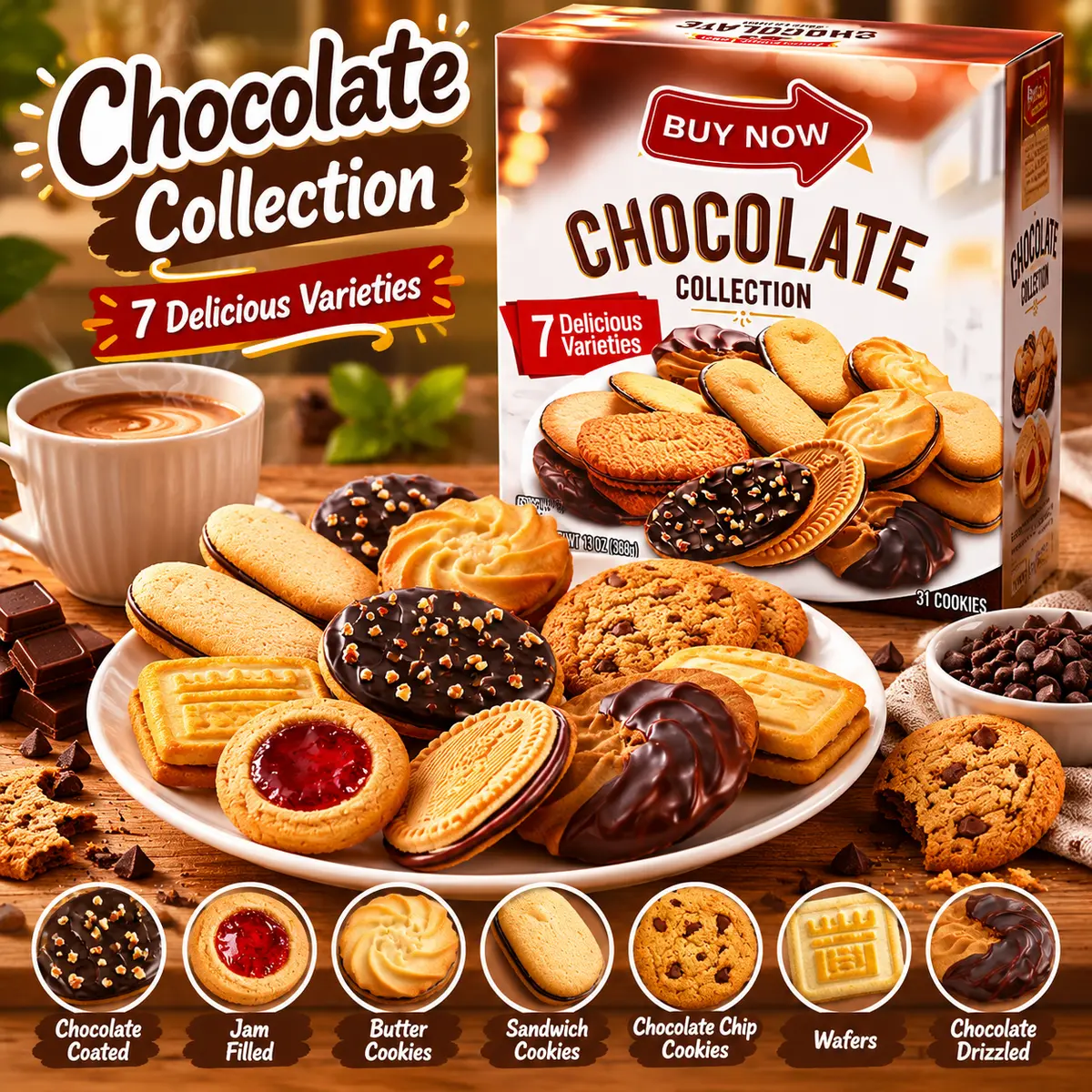 Assorted Chocolate Wafer and Biscuit Snack Box, Gourmet Style Crunchy Cookies, Sweet Dessert Treat Variety, Family Size Snack Collection, 13oz Package