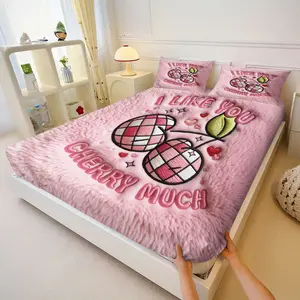 Sweet Cherry Embroidered Bed Sheet Set, Includes 2 Coreless Pillowcases, Non-Slip Mattress Protector, Romantic Bedroom Linen