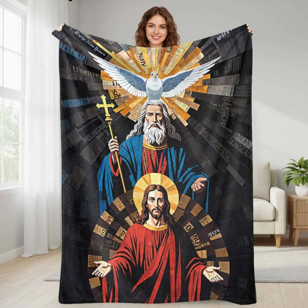 Religious Flannel Fabric Sacred Art Throw Blanket - Holy Trinity Cross Dove Print, Ultra Soft Lightweight Cozy Decorative Bedspread, All Seasons Multi-Size for Home/Church, Living Room Faithful Gift