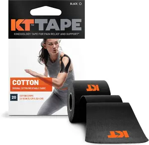 KT Tape Original Cotton, Elastic Kinesiology Tape, Everyday Muscle and Joint Support, Daily Pain Relief, 20 Count, 10" Precut Strips, Black