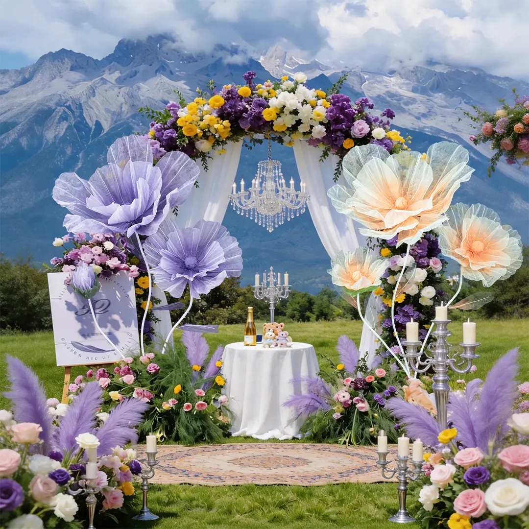 Giant gradient silk poppy floor display, wedding engagement banquet, wedding reception aisle guide, popular photo spot, large paper flower prop, shopping mall window display.