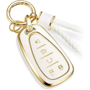 For Chevy Key Fob Cover with Metal Braided Rope Keychain, Upgraded Soft Case for Malibu Equinox Blazer Cruze Camaro Traverse Volt Bolt Sonic (5 Buttons)