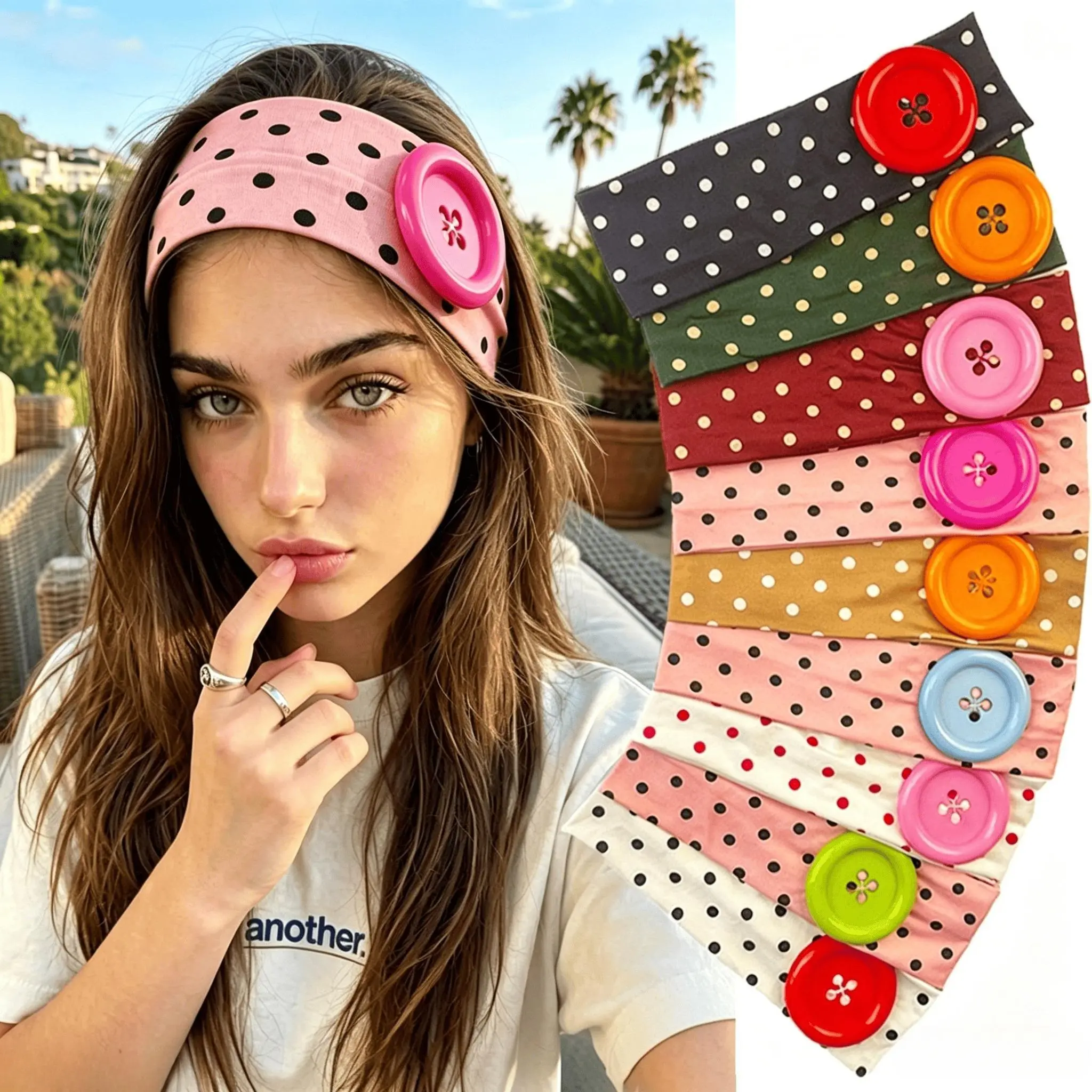 Women's Retro Polka Dot Headbands 4-Pack - Soft Elastic Hair Accessories with Large Buttons, Hand-Sewn Cute Casual Beach Accessories for Women, Summer Outfit Elevator