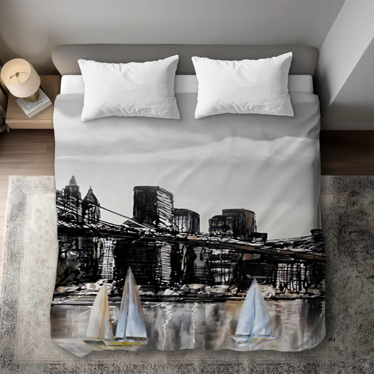 Begin Home Decor C1DCKSW0MFWIWT King Size Duvet Cover with Brooklyn Bridge & Boats Print, Office Building Decor Duvetcovers