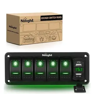 Nilight 5Gang Aluminum 5Pin ON/Off Green Rocker Switch Panel w/ 4.8 Amp Dual USB Charger Voltmeter Truck Car Caravan Rv Plug