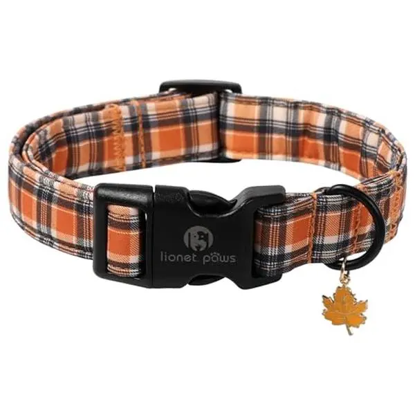Lionet Paws Halloween Dog Collar – Adorable Orange Grid Fall Collar for Small Dogs, with Plastic Buckle & Leaf Pendant, Lightweight Thanksgiving Day Pet Accessory