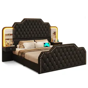 PU Leather Upholstered LED Bed Frame with 2 Nightstands 2 Mirrors Black PU Leather Upholstered LED Bed Frame with 2 Nightstands 2 Mirrors Black