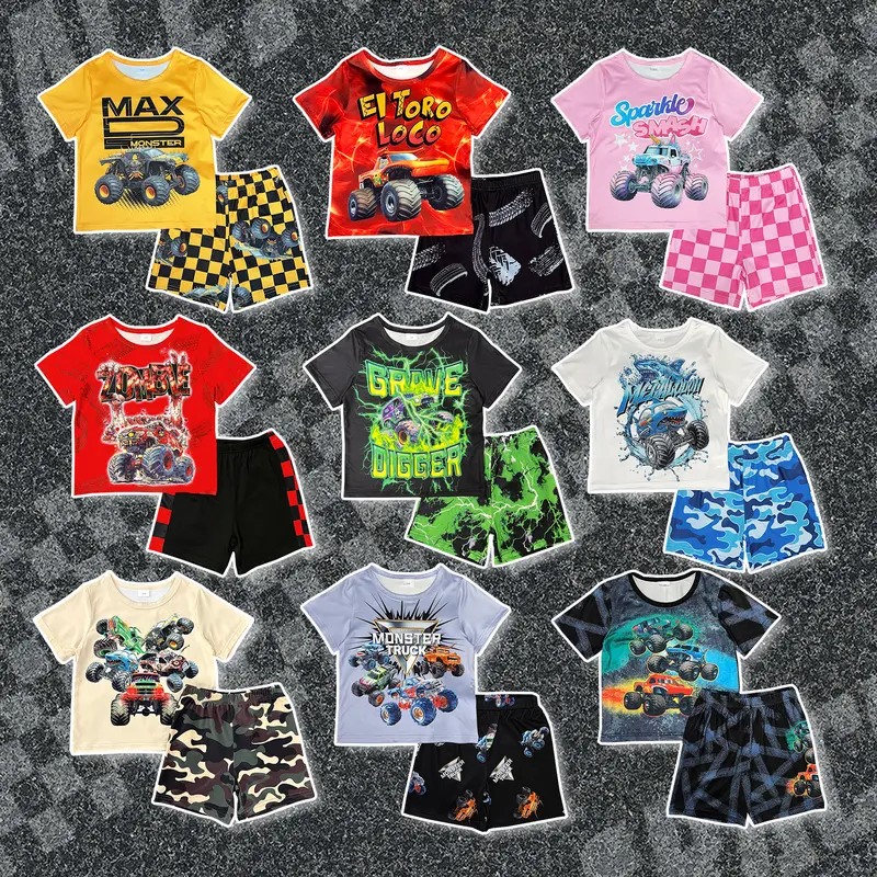 Boys' 2pcs Outfit Monster Trucks Print Crew Neck Long Sleeve Casual Tee & Elastic Shorts Combined Set, Clothes Kids Toddler Boy Clothing Go Out Sets for 9m-6y Summer Birthday Outdoor Activities