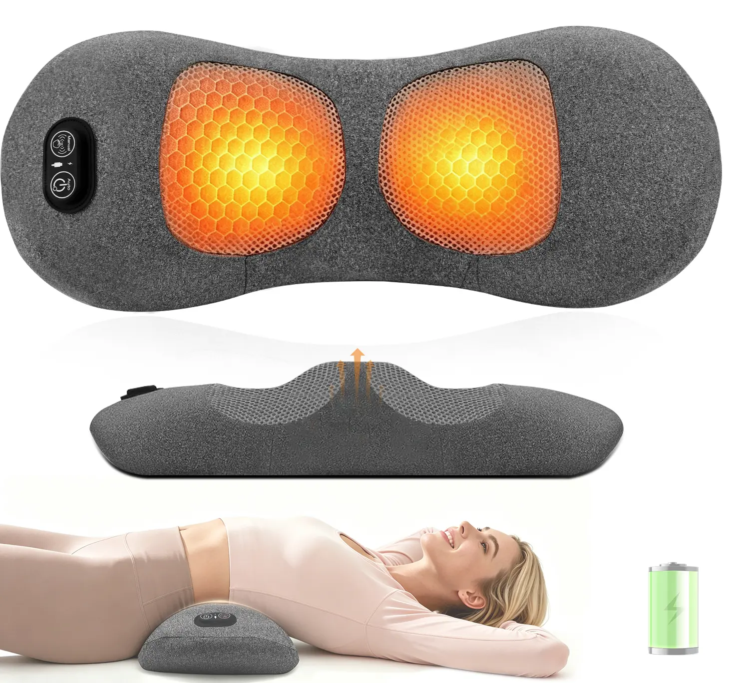 Cordless 3 in 1 Lower Back Massager - Heat, Vibration and Traction, 2600mAh Rechargeable Back Massager Office Chair & Home Use, Lumbar Support Pillow For Lower Back Pain, Smooth Spine Comfort Design