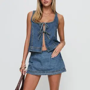 Women’s Two Piece Denim Outfits Sleeveless Tie-up Front Tops and Mini Skirt Set Clubwear
