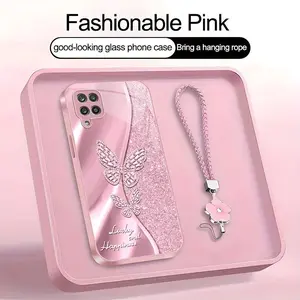 Suitable for [Galaxy A12] high-end women's phone case🥰，a beautiful four-leaf clover lanyard is included🍀，A beautiful, sophisticated printed butterfly pattern—not sequins YM99