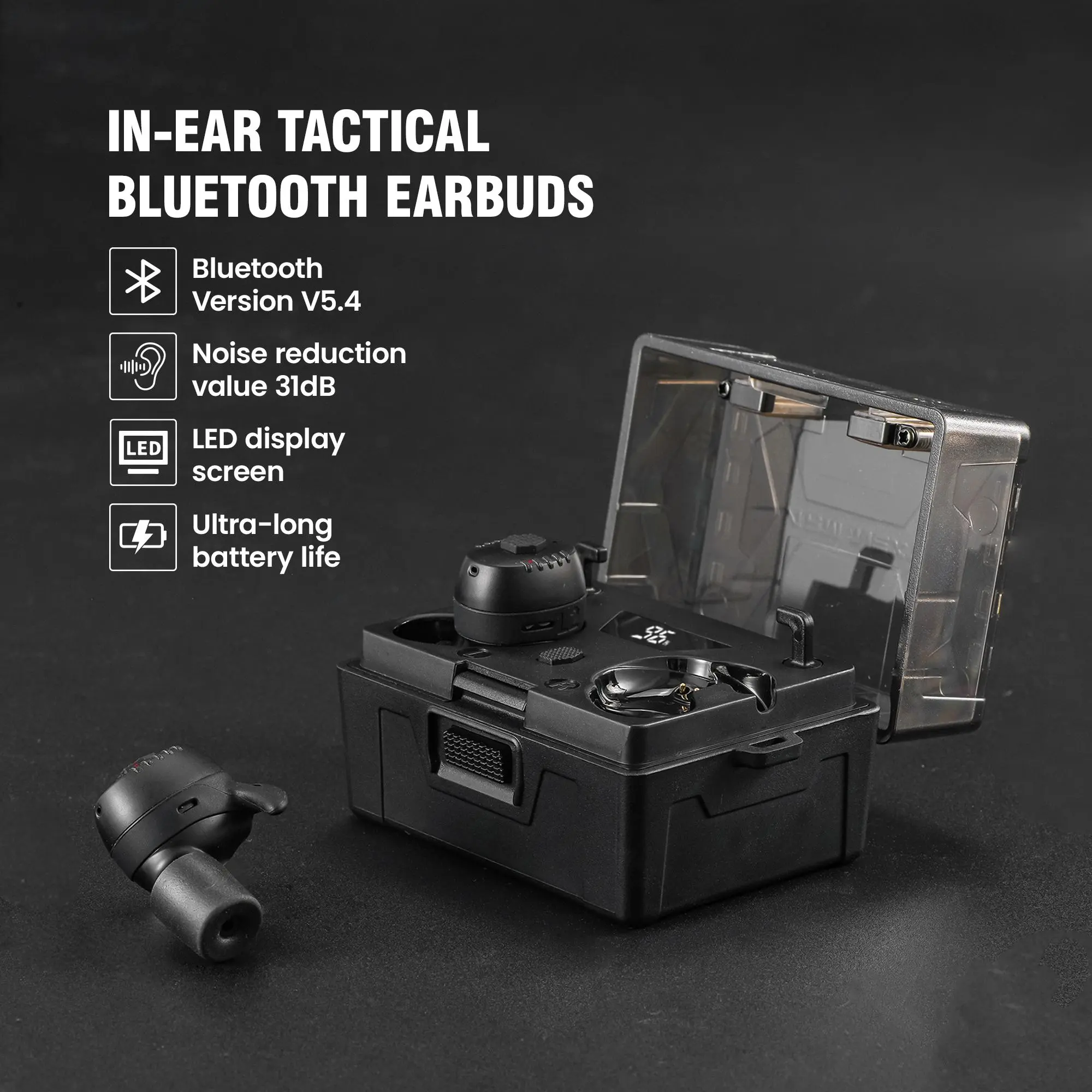 Durable Tactical Ear Defenders for Men, In-Ear Electronic Earbuds for Shooting with Bluetooth, NRR 27/31dB Noise Cancelling & Charging Case