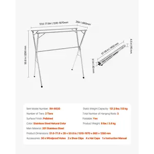 VEVOR Clothes Drying Rack, 2-Tier Telescopic Laundry Dryer Rack, Stainless Steel Drying Racks with 30 Windproof Holes and 2 Shoe Hooks, Free-Standing and Portable Hanger for Outdoor Indoor Use