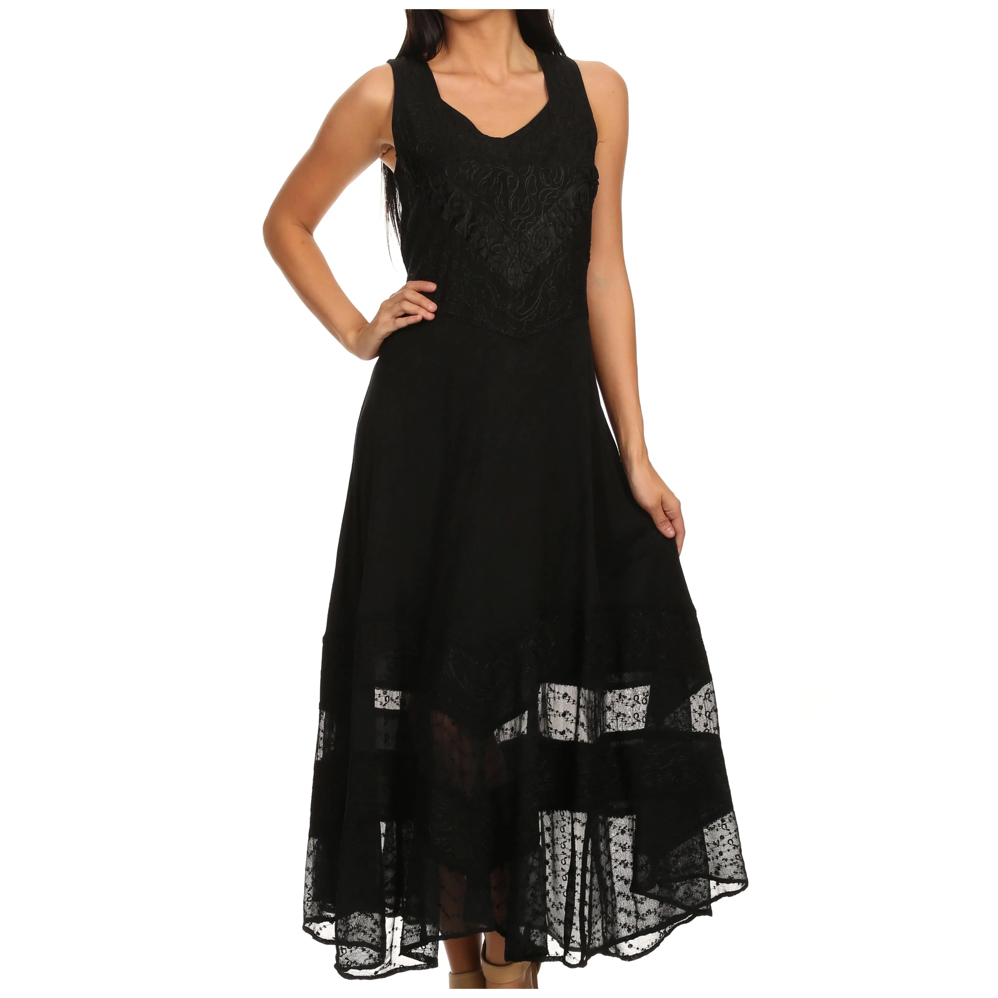 Sakkas Zendaya Stonewashed Rayon Embroidered Floral Vine Sleeveless V-neck Dress