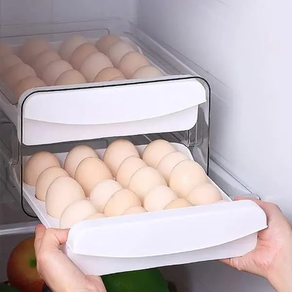 Refrigerator Egg Storage Box, 1 Count Double Layer Drawer Type Container, Large Capacity Clear Egg Box, Egg Food Storage Containers, Kitchen Utensils