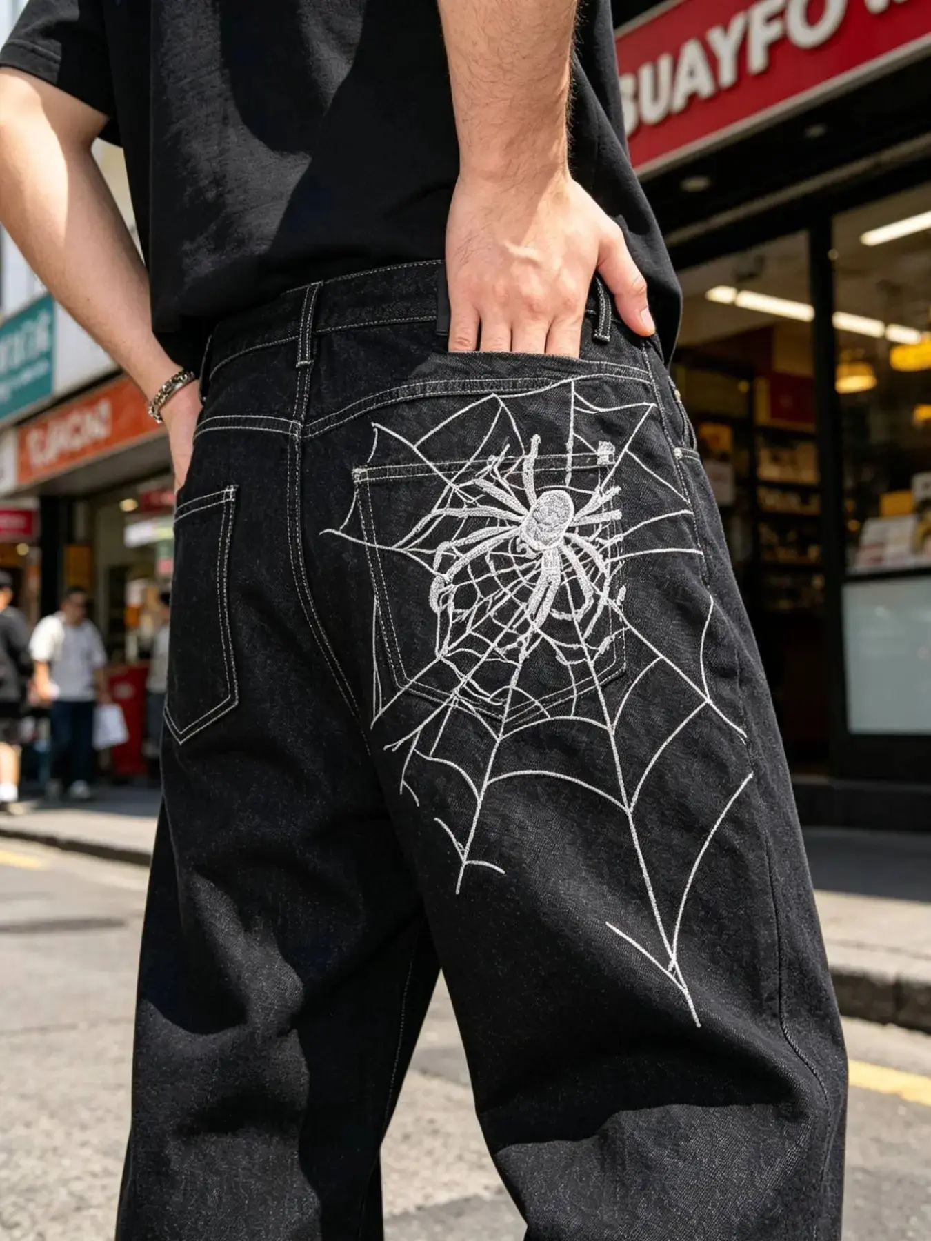 Men's Stylish Spider Web Pattern Embroidered Washed Denim Jeans, Casual Loose Fit Versatile Streetwear Jeans for All Seasons, Comfortable Everyday Wear