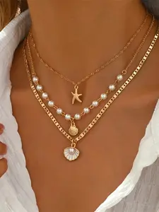 3pcs Summer Bohemian Style Multi-Color Faux Pearl Multi-Layer Necklace Set With Shell Pendant, Versatile Accessory, Suitable For Beach, Travel, Daily Decoration, Outfit Matching, Dating, Party, Holiday Gift For Women