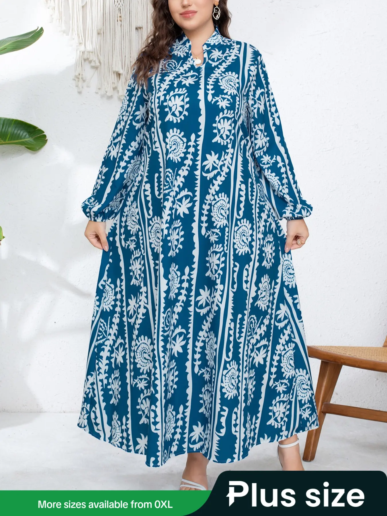 【Plus Size】 Ethnic Pattern Notched Neck Dress, Boho Fashion Long Sleeve Dress for Daily Holiday Vacation Wear, Women's Islamic Clothing for Summer