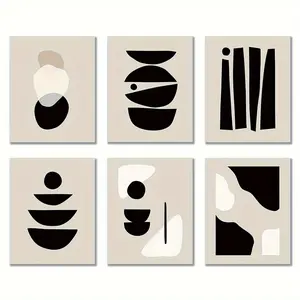 Set of 6 8x10inch Modern Nordic Abstract Geometric Art Prints, Black and White Color Block, Living Room Bedroom Decor, Wholesale Office School Classroom Wall Hanging Paintings, Paper Material2D FLAT