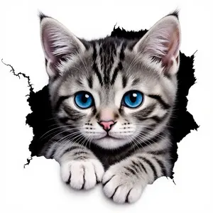 1PC Eye-Catching Funny Hole-Piercing Blue-Eyed Silver Tabby Kitten-Style Logo Sticker For Car Bodies, Personality Backpacks, Decor Items Hole-Piercing Kitten + Blue-Eye Element Decor Fill With Cat Owner's Warm Soft Vibe Easily Grasp Cute Trend Style
