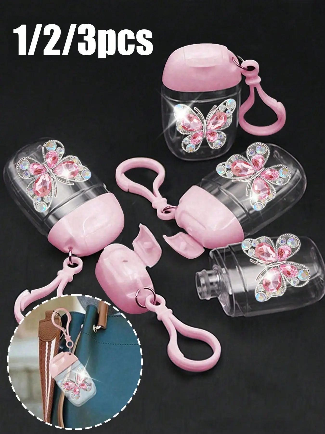 Pink transparent empty bottle for hand sanitizer, with crystal butterfly decoration, 30ml, with hook keychain, portable clip-on refillable container, cosmetic container, suitable for liquid lotion and cream