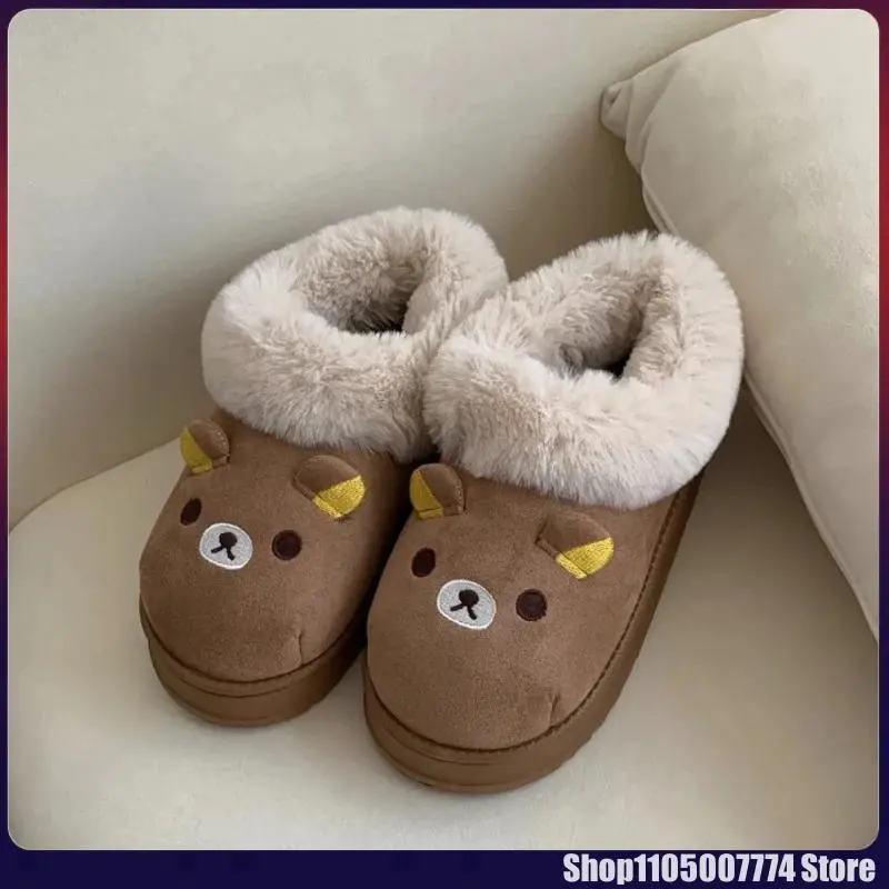 Kawaii Cute Bear Rilakkumas Wearing Cotton Shoes Outside Flat Closed-Toe Mules Cartoon Slippers Home Shoes Winter Couple'S Shoes