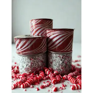 1.5-inch White Burlap Ribbon with Red Glitter Peppermint Swirl – 1.5" x 10 Yards