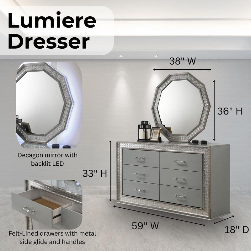 Lumiere Aurora Glam LED Platform Bed Frame or Bedroom Set