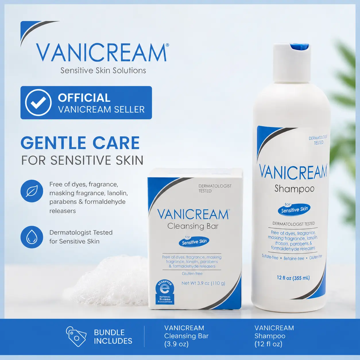 Vanicream Sensitive Skin Care Bundle – Cleansing Bar 3.9 oz + Shampoo 12 fl oz