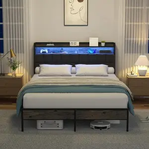 Flexpedic Metal Platform Storage Bed Frame with Patented Locking Slats, 2-Tier Headboard Shelves, 12" Under-Bed Storage, Tool-Free Assembly, Adjustable RGB Lighting, Built-In USB Port Charging Station, Optimal Support