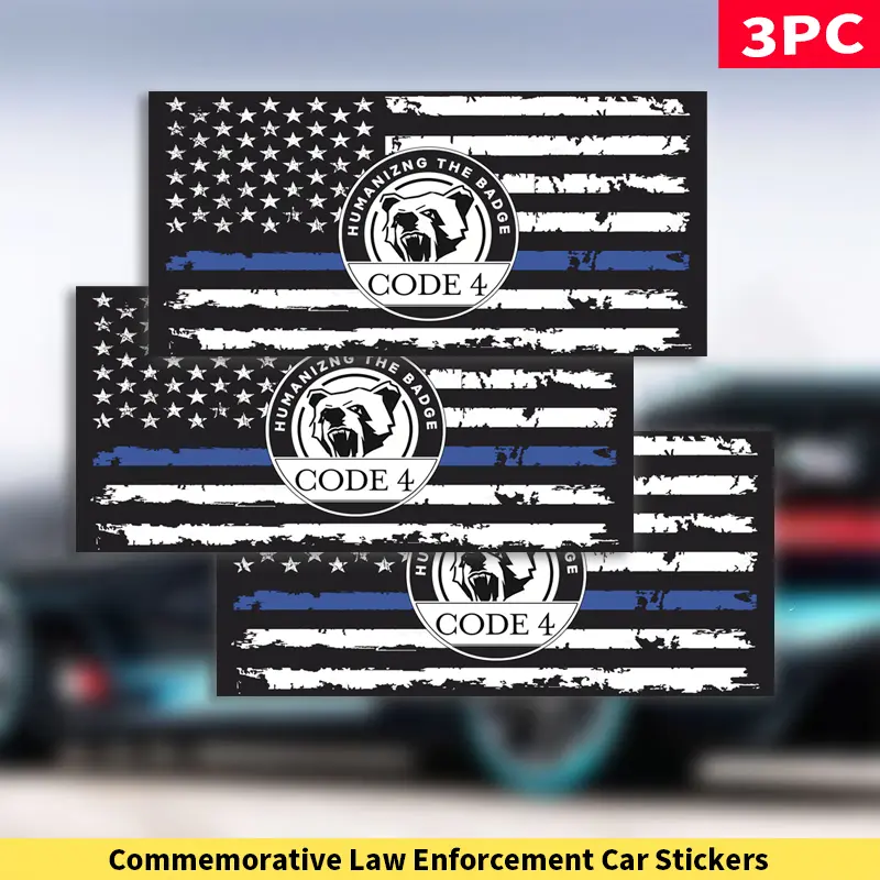 3pcs American Flag Thin Blue Line Vinyl Car Stickers, Patriotic Matte Black-White-Blue Stripes Decal with CODE 4 Emblem, Law Enforcement Honoring Decor for Car Windows, Bumpers, Home