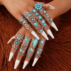 44pcs Vintage & Cute Turquoise Rhinestone Ring Set - Adjustable Open Design for Women, Perfect for Daily Wear, Parties, and Gifts - No Box Included