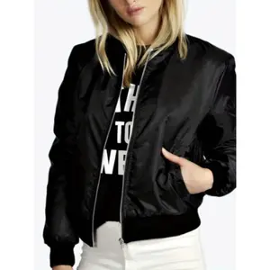 Women's Classic Bomber Jacket - Long Sleeve, Zip-Up, Stand Collar, Loose Fit, Solid Black Polyester - Machine Washable, Casual Fall Outerwear for Women