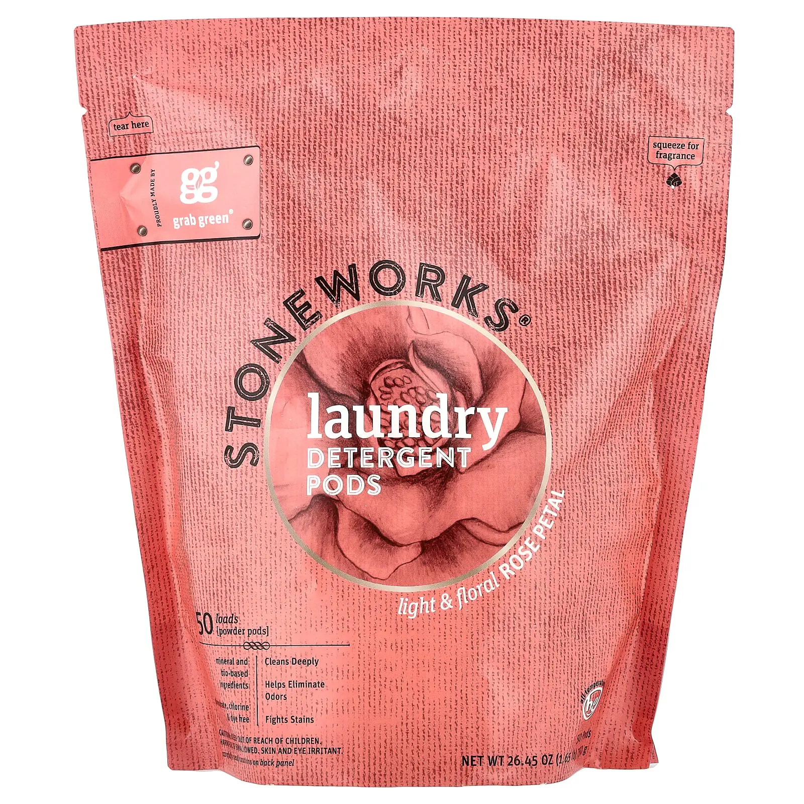 Grab Green Stoneworks®, Laundry Detergent Pods, Rose Petal, 50 Loads, 1.65 lbs (750 g)