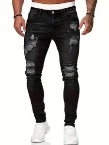 Men's slim fit jeans, elastic ripped  jeans, tight fitting small leg denim small leg pants,fashion jean