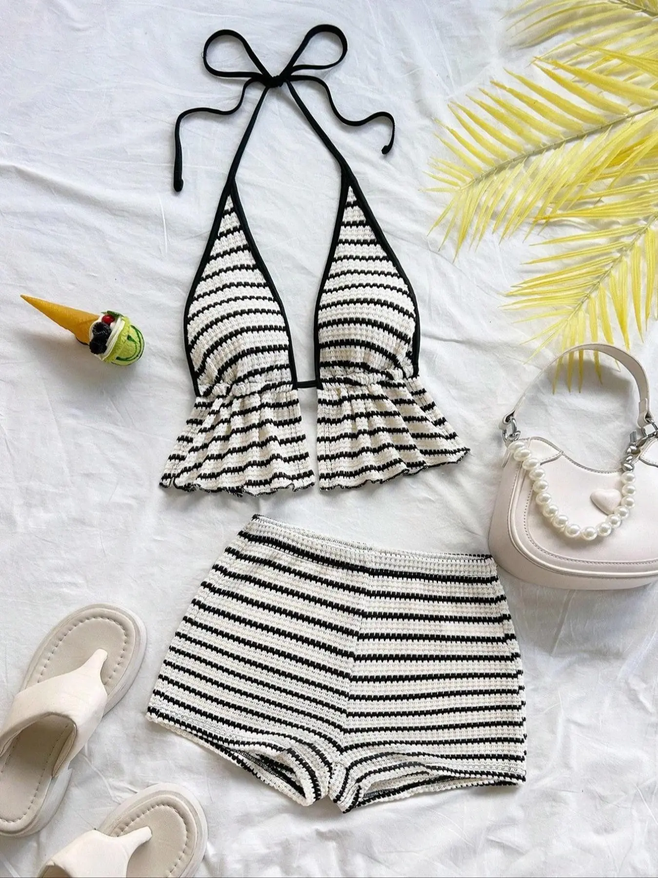 Four seasons Plus Size Striped Halter Tie Knit Bikini Set High Waist Belly Slimming Breathable Knit for Coastal Vacation Fits