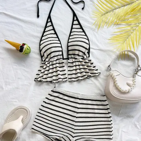 Four seasons Plus Size Striped Halter Tie Knit Summer Bikini Set High Waist Belly Slimming Breathable Knit for Coastal Vacation Fits