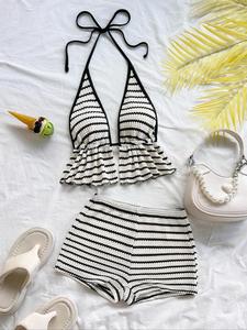 Summer Women's Sexy Colorblock Backless Bow Tie Ruffle Top and Shorts Set, Striped Pineapple Pattern Beach Vacation