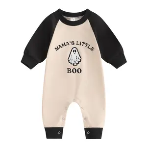 FOCUSNORM Newborn Infant Baby Boy Halloween Outfit Long Sleeve Ghost Embroidery Romper Mamas Little Boo Jumpsuit Playsuit