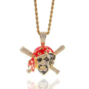【PANG Jewelry】New Arrival Colorful Skull Pirate Pendant Necklace Punk Hip Hop Gothic Jewelry Cubic Zirconia Statement Piece for Men Women