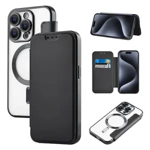 Apple iPhone 15 Pro (6.1) - Black Shockproof Flip Wallet Case with Built-in Lens Cover Compatible with Magsafe