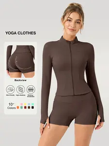 Women's Sporty Clothing Set, Long Sleeve Jacket + High Waist Shorts, Quick Dry, Slim-Fitting, Solid Color, 10 Colors Available