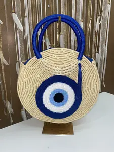 Blue Evil Eye Round Straw Tote Bag