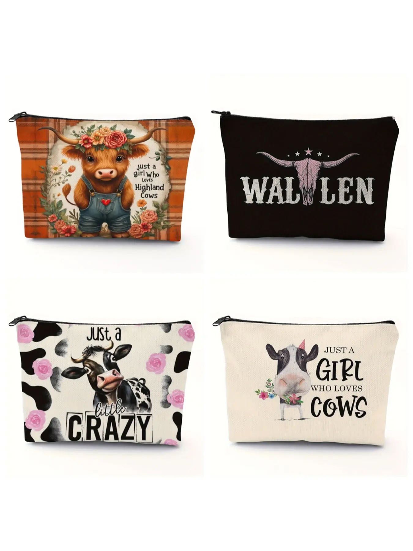 Vintage Highland Cow Print Unisex Makeup Bag, Foldable Zipper Pouch, Travel Essential, Country Music Lover Gift, Multi-Functional