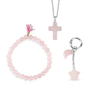 Gemstone Gift Set of 3 Keyring, Beaded Bracelet and Cross Necklace 18 Inches