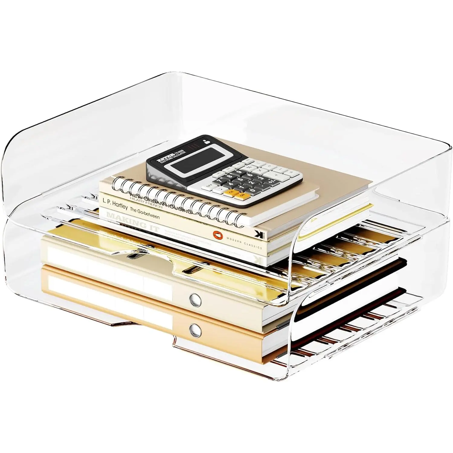 2-Pack Clear Stackable A4 Letter Tray, Durable PET Desk File Organizer with Anti-Skid Base, Side Load Access for Office, Home Document Paper Storage