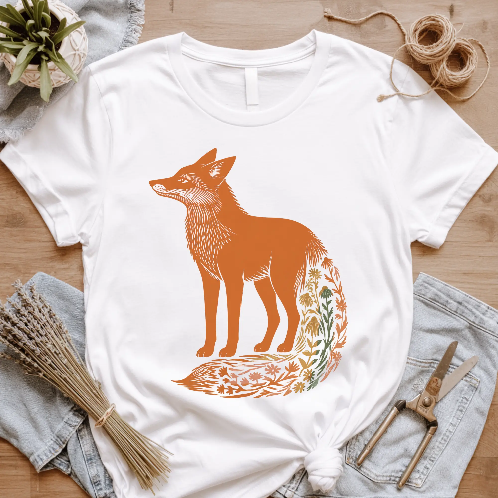 Fox Floral Tail T-Shirt | Rust Red Fox Illustration Tee | Woodland Fox with Floral Tail
