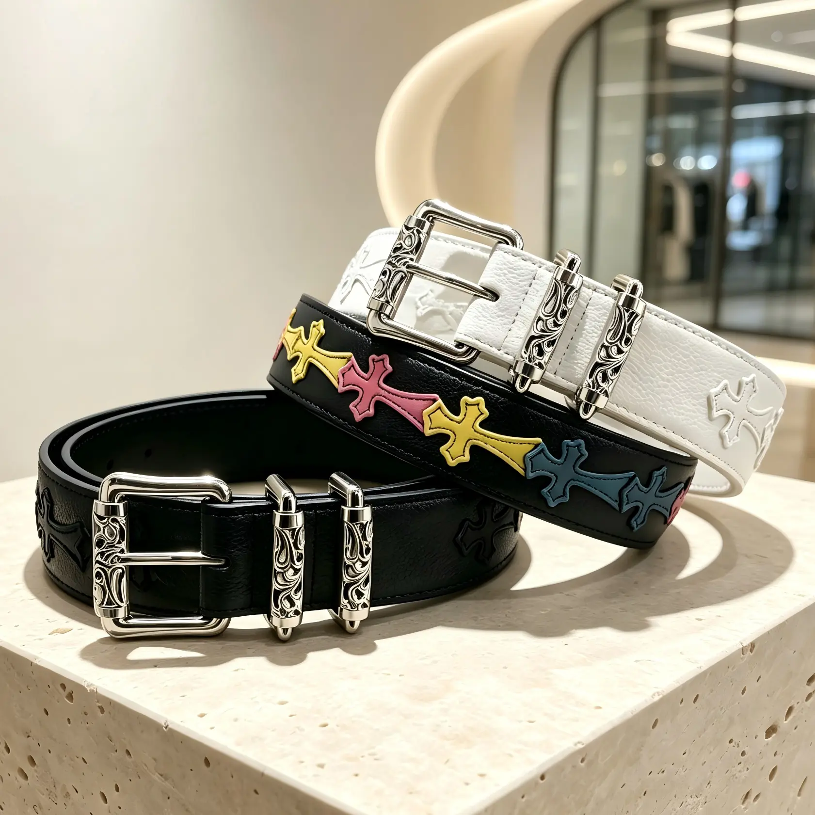 Y2K Gothic Cross Belt for Men Women, Vintage Punk Engraved Metal Buckle Leather Streetwear Belt for Jeans
