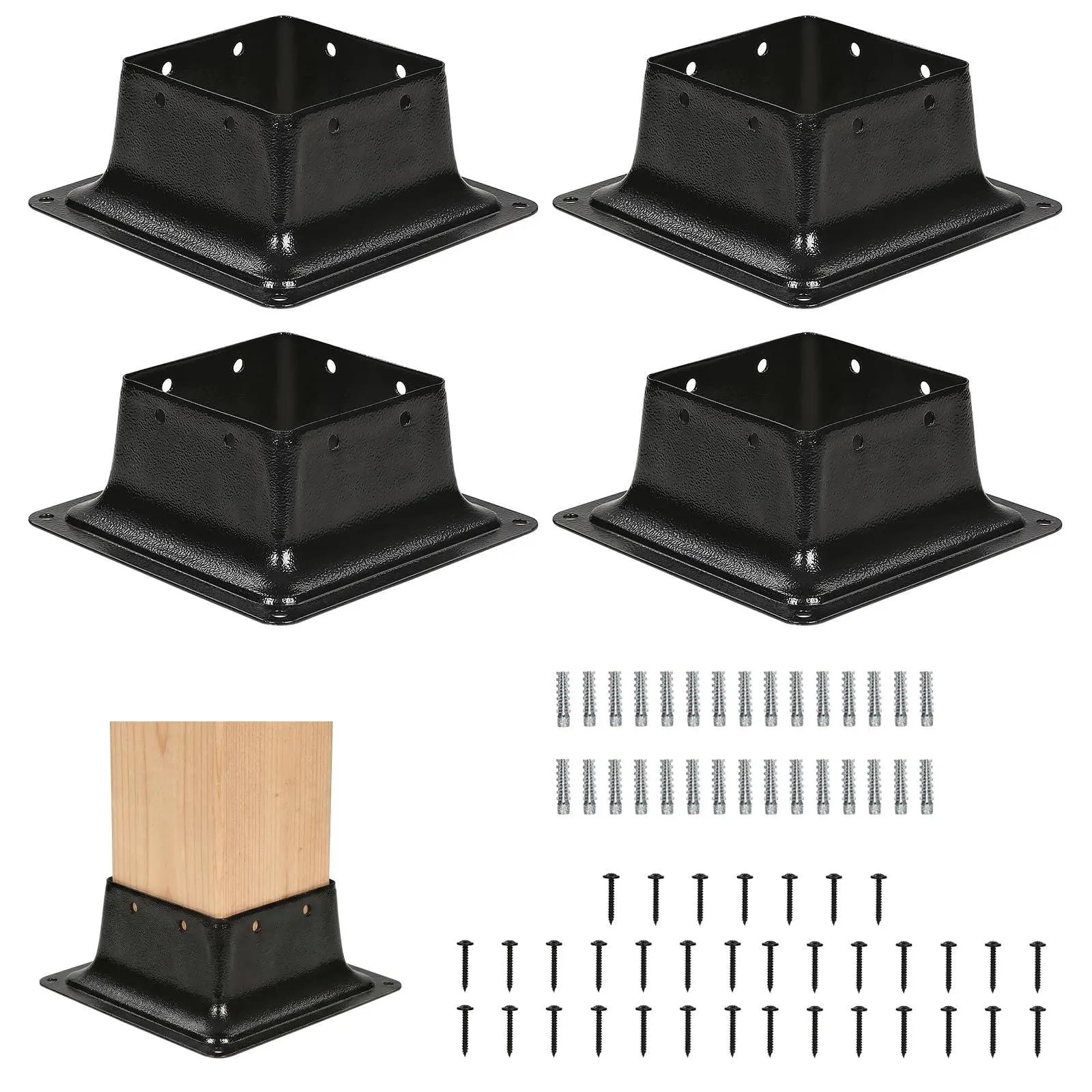 Gaomon 4-Piece 6x6 Post Base Bracket Set, Heavy-Duty Solid Square Enclosed Metal Brackets, 6x6in Rustproof Steel Pre-Drilled Wobble-Free Anchors with Screws, 3.6" x 3.6" Internal Size for Concrete Deck Posts, Patio Structures